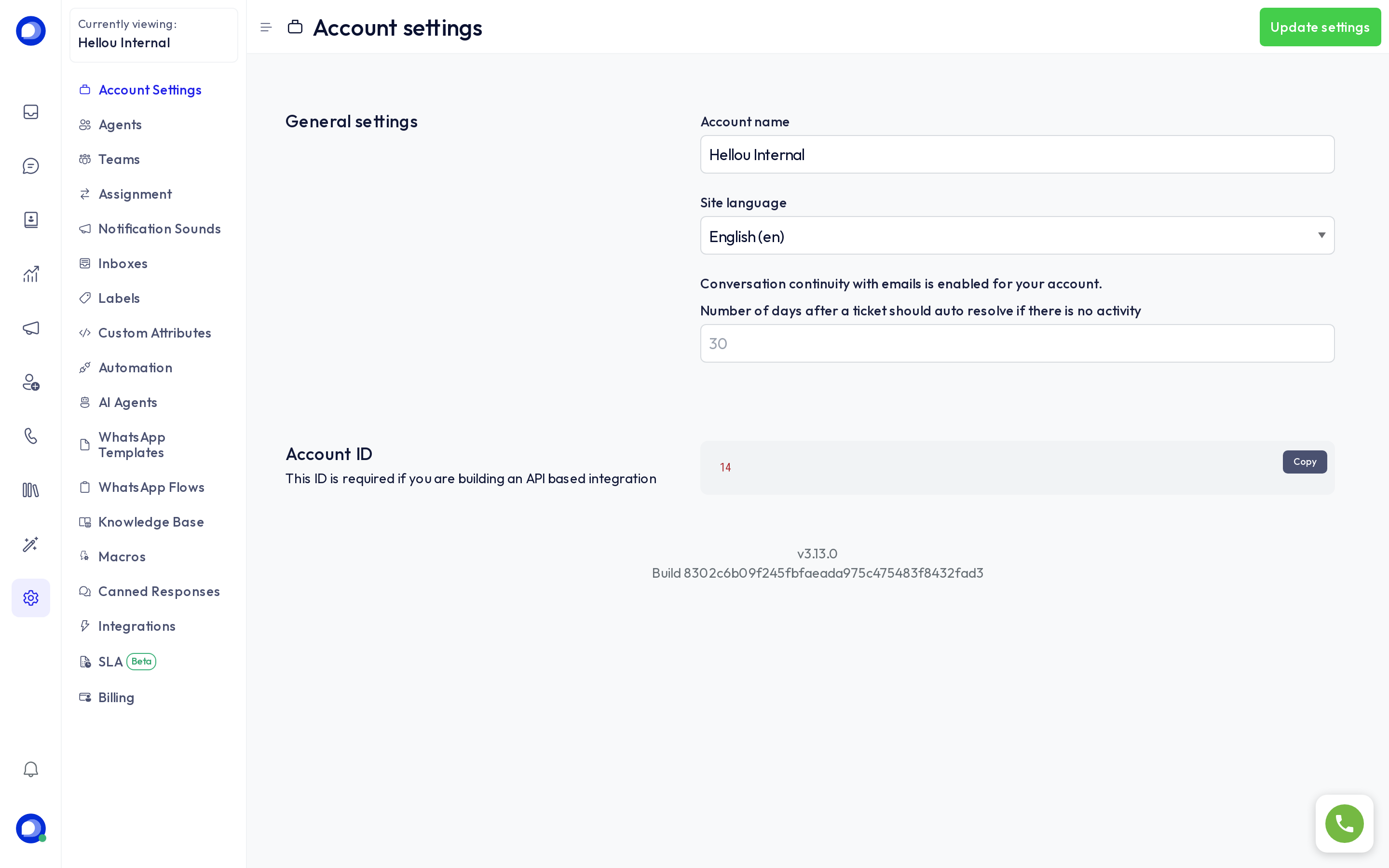 Account settings page