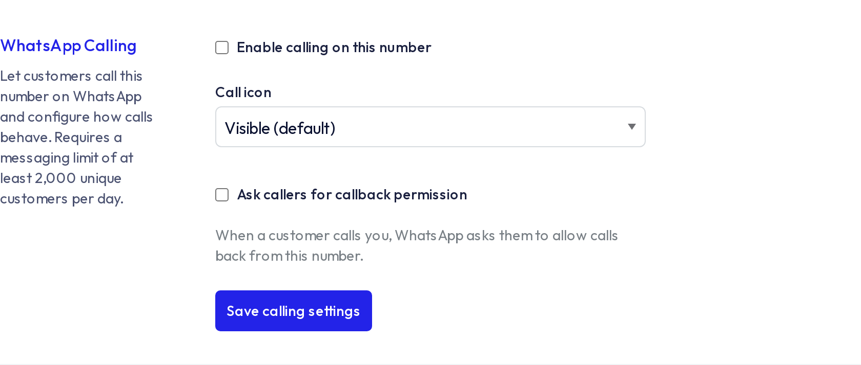 WhatsApp Calling section on the inbox's Configuration tab