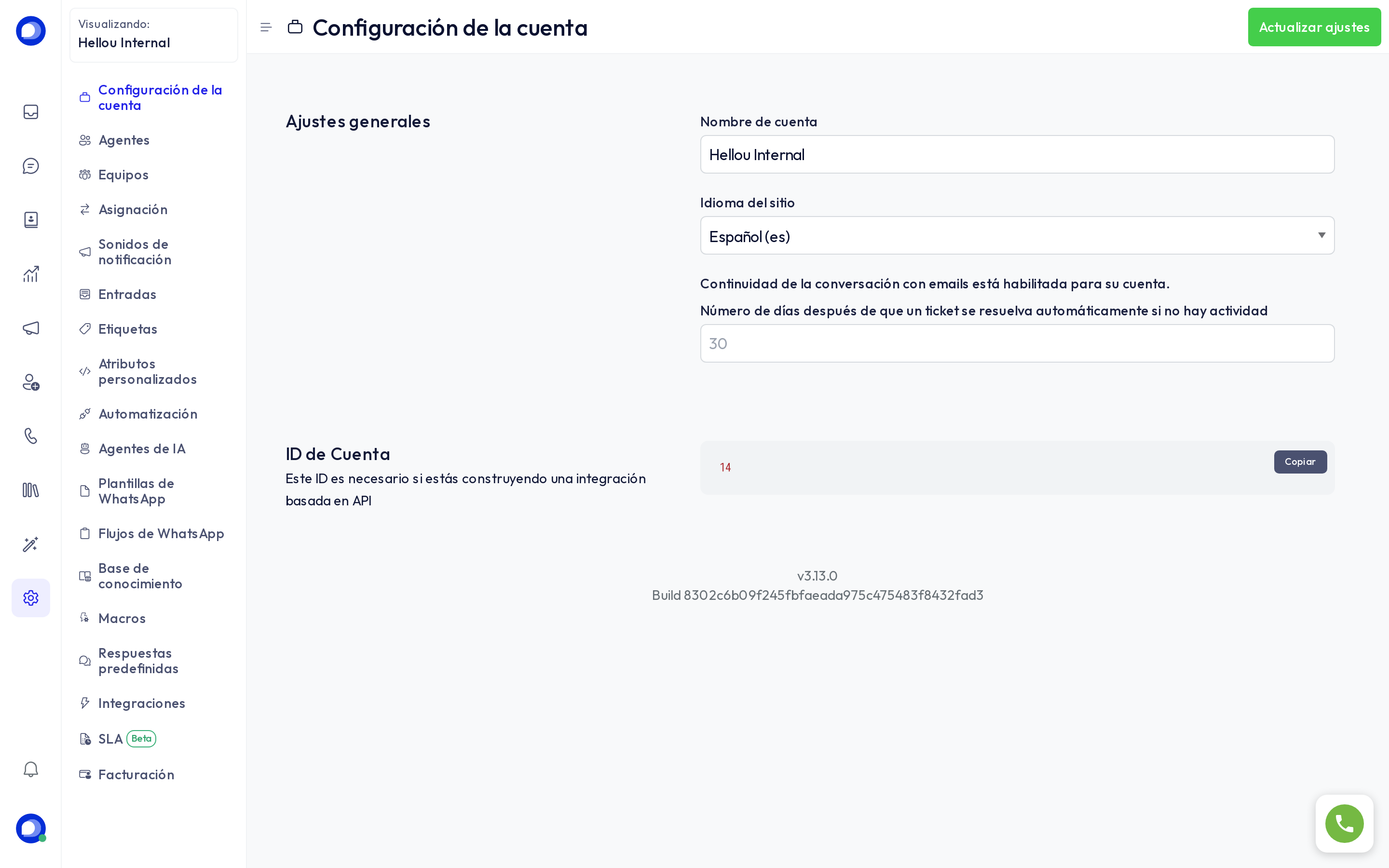 Página de configuración de la cuenta