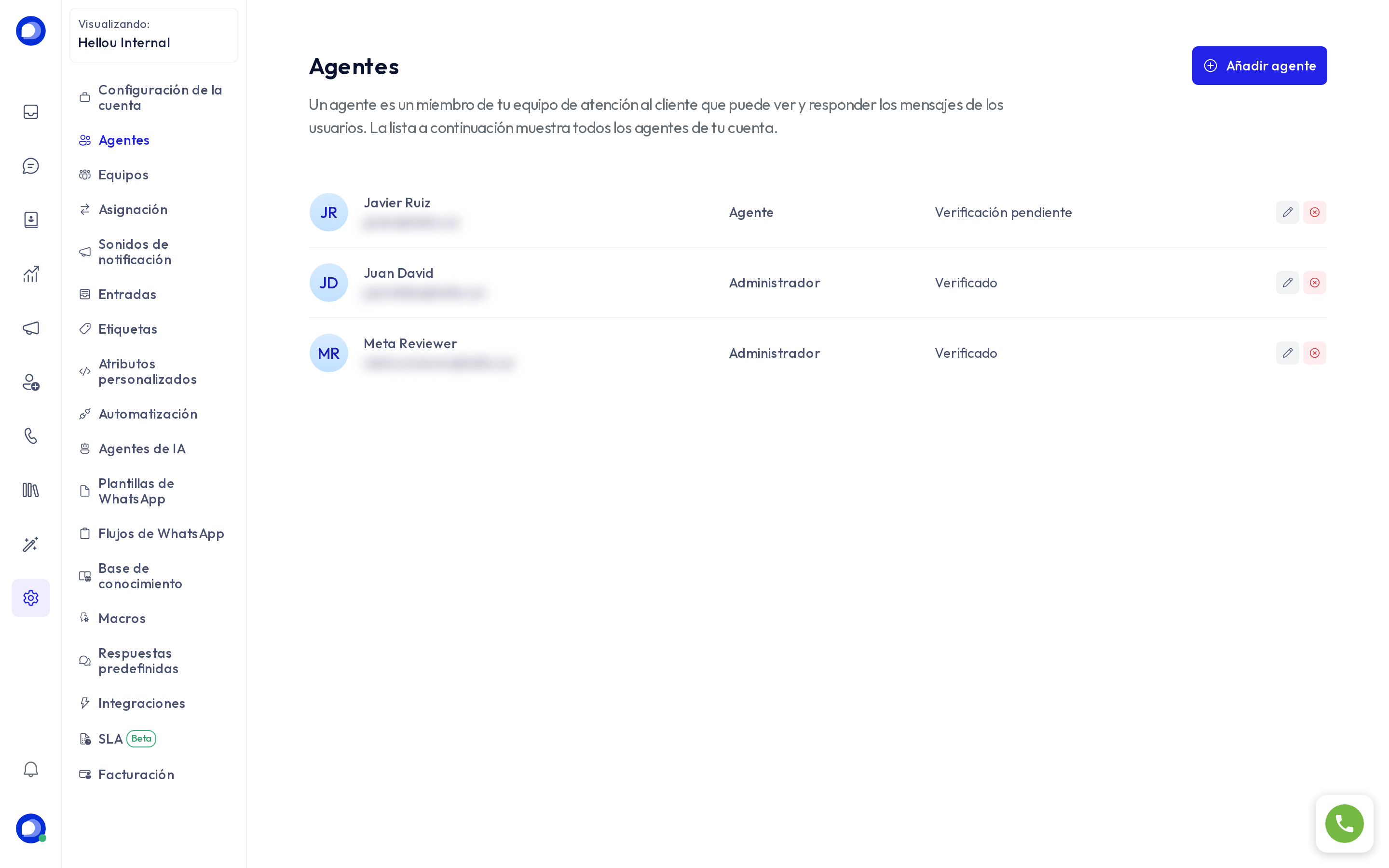 Lista de agentes de la cuenta