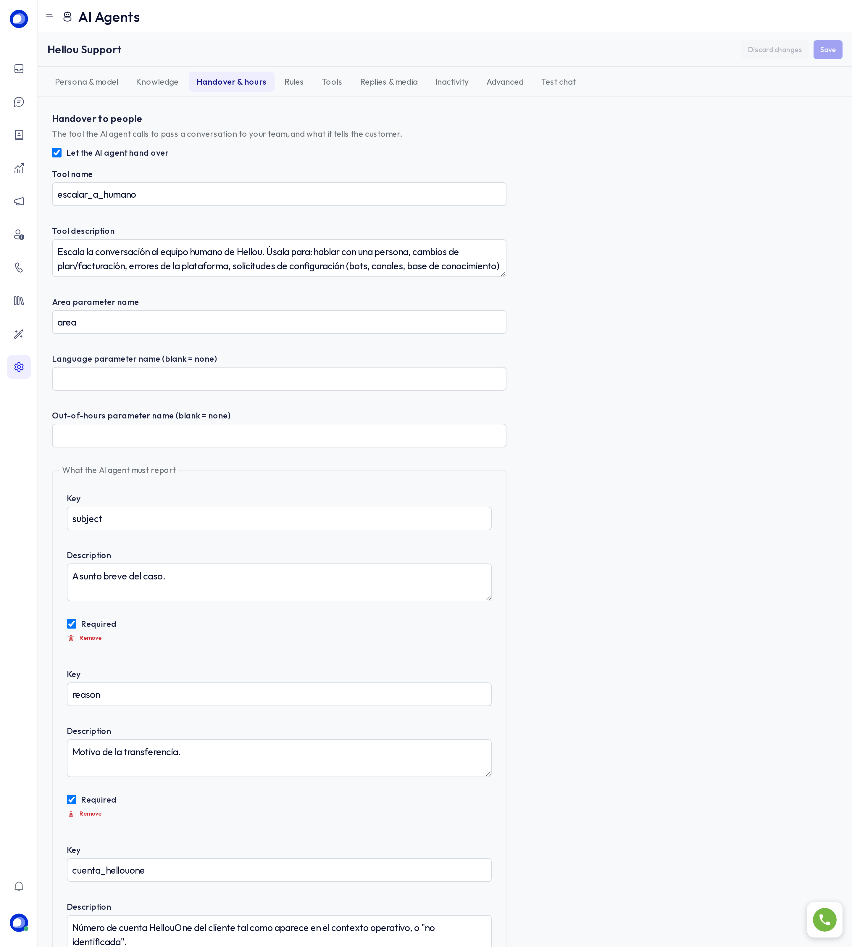 Handover & hours tab
