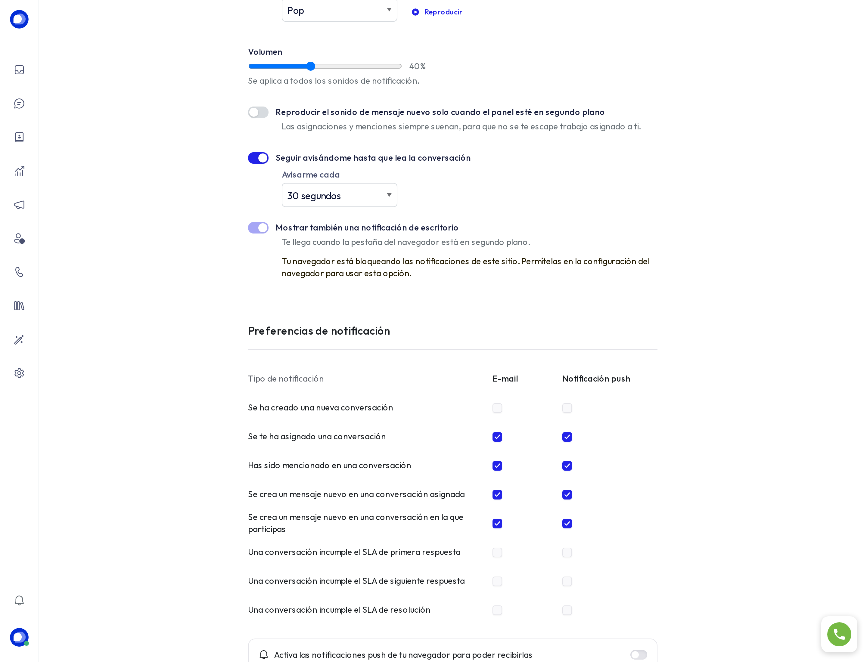 La tabla de notificaciones por correo y push