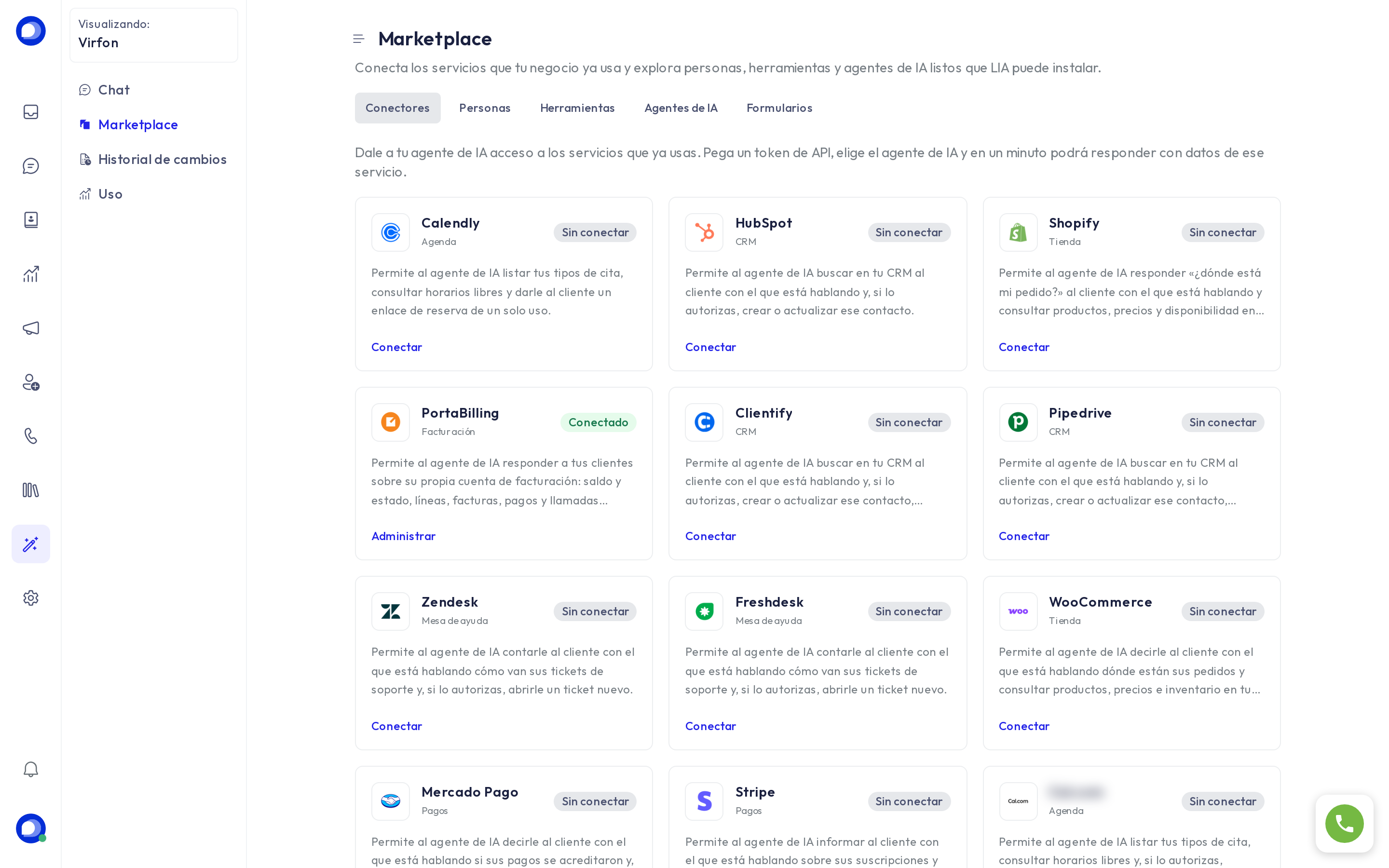 Galería de conectores en LIA → Marketplace