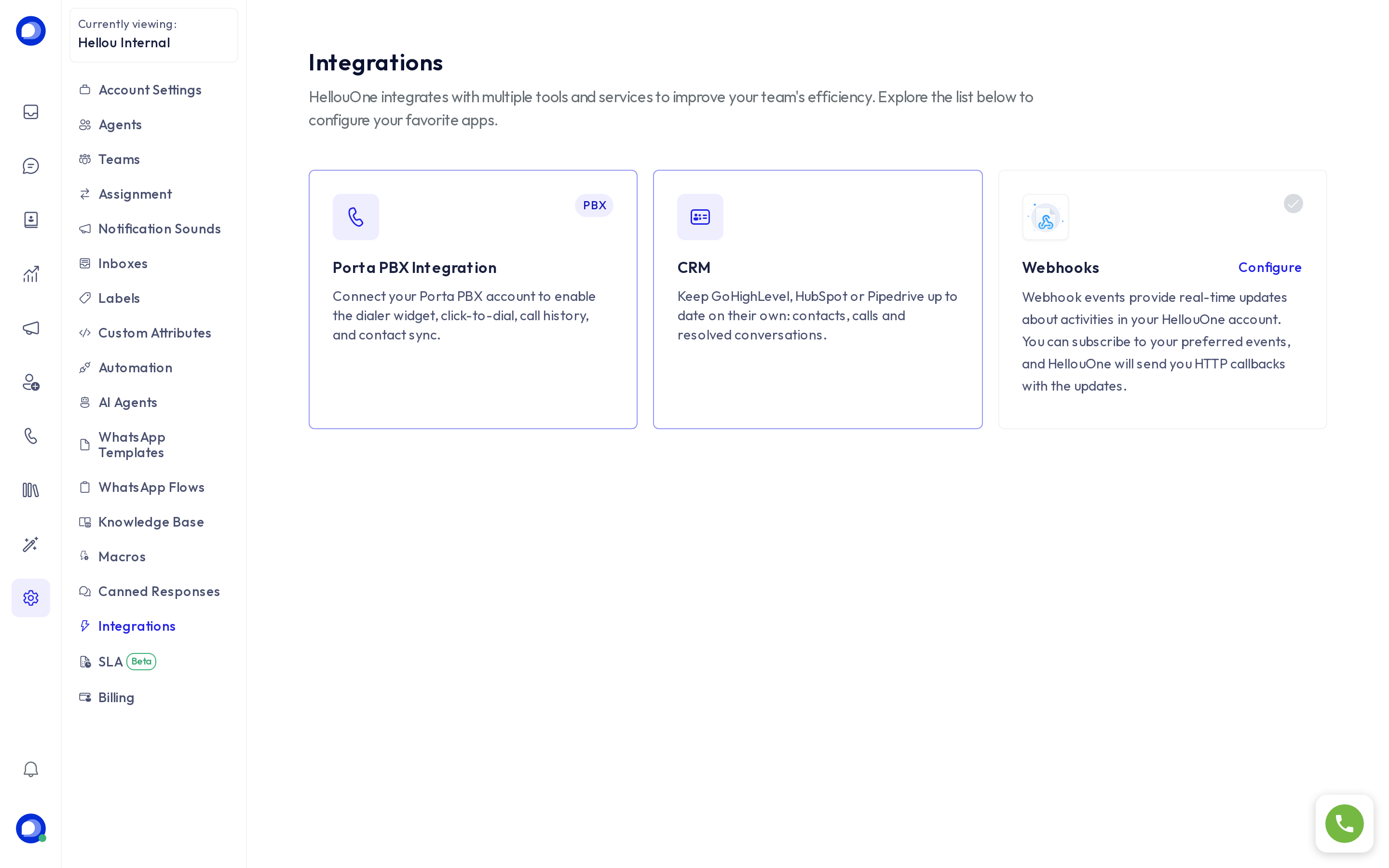 The CRM card in Settings → Integrations