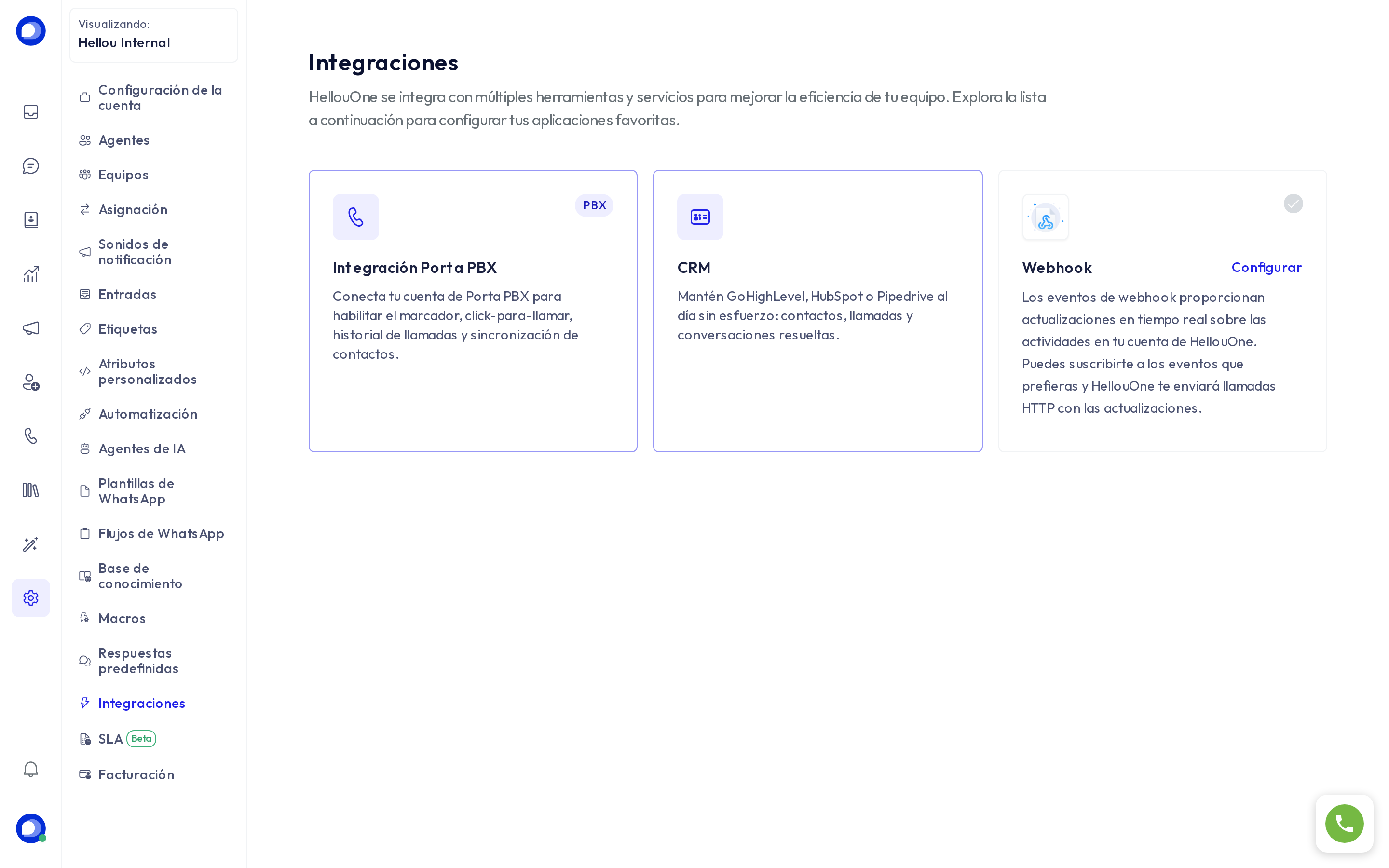 La tarjeta CRM en Configuración → Integraciones